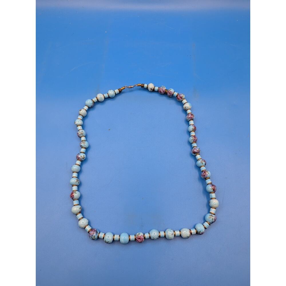 Vintage Necklace Hand Painted Sky Blue Pinkish Flower Beads Beautiful See Photos